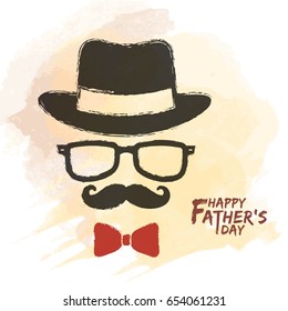 Happy Father's Day  Men face in retro hipster style and hat  eyeglasses  mustache   bow tie watercolor background  Hand drawing vintage old men's accessories 
