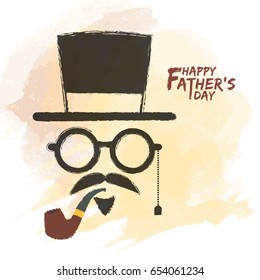 Happy Father's Day. Men face in retro hipster style with hat, eyeglasses, mustache and beard, tobacco pipe on watercolor background. Hand drawing of vintage old men's accessories.