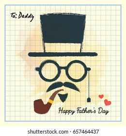 Happy Father's Day. Men face in retro hipster style with hat, eyeglasses, mustache and beard, tobacco pipe on square notebook paper. Hand drawing of vintage old men's accessories.