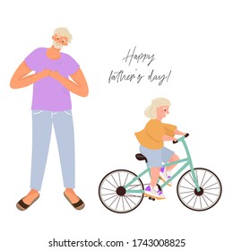 Happy father's day! Modern father and daughter. A happy father who taught his daughter how to ride a bike. Nice vector flat illustration for father's day in cartoon style.