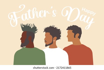 Happy Father's Day. Modern Postcard With Three Men Of Different Religions And Nationalities Standing Together On A Pink Horizontal Background. Vector.