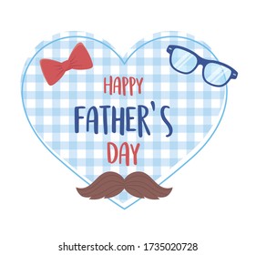 happy fathers day, moustache glasses bow tie checkered background heart vector illustration