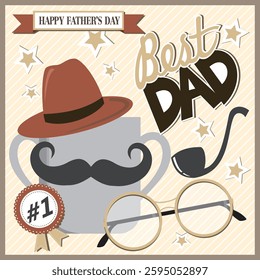 Happy father's day with mug, hat, mustache and glasses