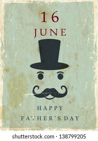 Happy Fathers Day with mustache, hat and text 16th June and on green background.