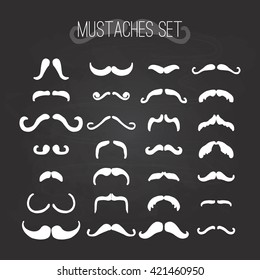 Happy Father's day mustaches set element greeting card  isolated on the black chalkboard
background. Illustration for Fathers Day invitations. Dad's day lettering.