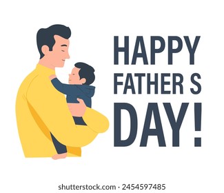 Happy Father's Day. My father is my hero. Dad hugs the child. Vector art illustration.