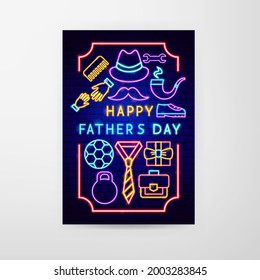 Happy Fathers Day Neon Flyer. Vector Illustration of Dad Promotion.