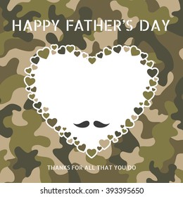 Happy father's day on camouflage pattern with moustache and heart