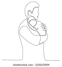 Happy fathers day. One continuous line drawing of a man with a child. Father and his children. The young father smiles and holds the baby in his arms, clutching him to himself. Vector illustration