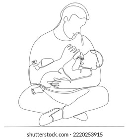 Happy fathers day. One continuous line drawing of a man with a child. Father and his children. The young father smiles and holds the baby in his arms, clutching him to himself. Vector illustration