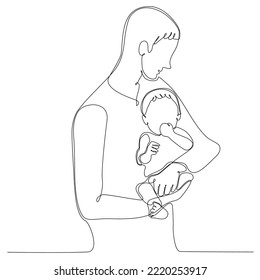 Happy fathers day. One continuous line drawing of a man with a child. Father and his children. The young father smiles and holds the baby in his arms, clutching him to himself. Vector illustration
