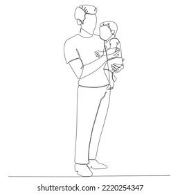 Happy fathers day. One continuous line drawing of a man with a child. Father and his children. The young father smiles and holds the baby in his arms, clutching him to himself. Vector illustration