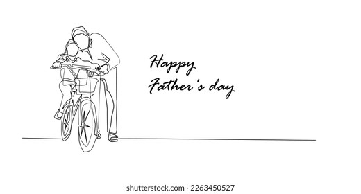 happy fathers day one line concept. father's activities accompanying child to learn to ride a bicycle. continuous line happy father's day. one line drawing of father accompanying child to learn to rid