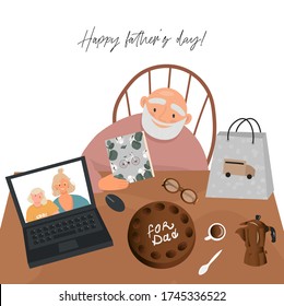 Happy father's day online. Vector flat illustration for dad. Elderly father, his daughter and granddaughter drink tea together and celebrate Father's Day by video. Cake for dad with delivery to home. 