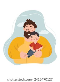 Happy Father's Day picture, a cheerful father hugs and cares for his children. The concept of parental love, care, raising children. Ideal for a postcard, poster. Vector. 