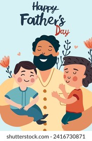 Happy Father's Day picture, a cheerful father hugs and cares for his children. The concept of parental love, care, raising children. Ideal for a postcard, poster. Vector. 