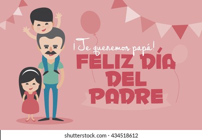 Happy Fathers day pink card. Vector Element Set. We love you Dad! Happy Father's Day, written in Spanish