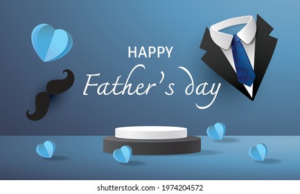 happy Father's Day podium black and blue background and heart gift vector illustation banner .Promotion and shopping template for dad