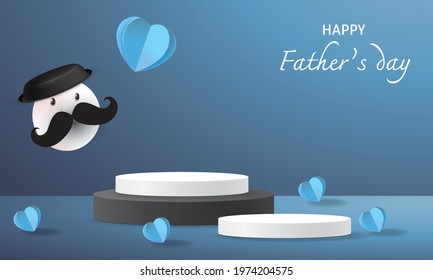 happy Father's Day podium black and blue background and heart gift vector illustation banner .Promotion and shopping template for dad