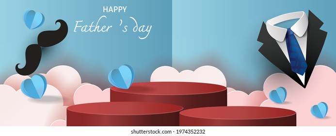 happy Father's Day podium black and blue background and heart gift vector illustation banner .Promotion and shopping template for dad