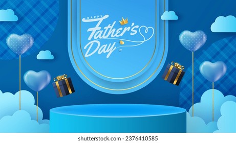 Happy Father's Day podium greeting card with black frame decorated with paper cutouts. Includes mustache, bow tie, gift, and tie on blue background. Vector illustration.