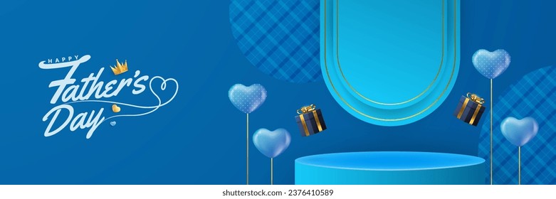 Happy Father's Day podium greeting card with black frame decorated with paper cutouts. Includes mustache, bow tie, gift, and tie on blue background. Vector illustration.