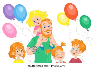 Happy father's day. Portrait of a lovely father with four children on the background of colorful balloons. In cartoon style. Isolated on white.  Vector flat illustration.