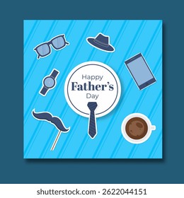 Happy Father's Day Post Card with Father's Accessories on Blue Striped Background Illustration.