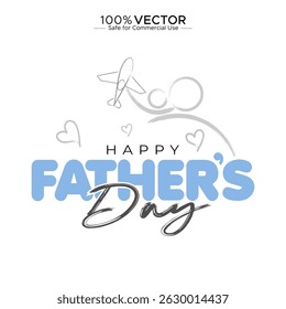 Happy Father's Day post concept design. Logotype calligraphy and Father playing with kids Vector illustration.