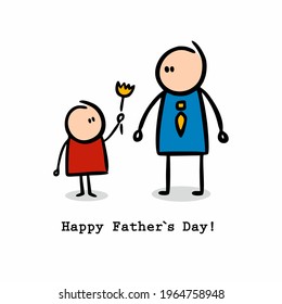 Happy fathers day postcard with cute doodle characters isolated on white background. Vector illustration print.