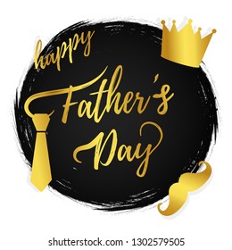 Happy Father's day postcard flat style design vector illustration isolated on white background. Golden gradient lettering words, golden crown, mustaches and tie - symbols ofs super dad.