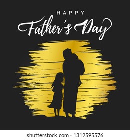 Happy Father's day postcard flat style design vector illustration isolated on black background. Lettering words, man and kids with golded rounded brush stroke behind silhuettes.