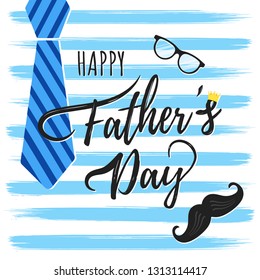 Happy Father's day postcard flat style design vector illustration isolated on white background. Lettering words, glasses, crown, brush stroke, tie and mustaches - symbols of super dad.