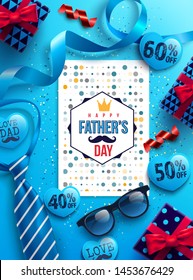 Happy Father's Day with father's postcard and gift box on blue background,blue necktie,glasses and gift box for dad.Promotion and shopping template for Father's Day.Vector illustration EPS10