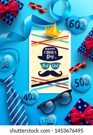 Happy Father's Day with father's postcard and gift box on blue background,blue necktie,glasses and gift box for dad.Promotion and shopping template for Father's Day.Vector illustration EPS10