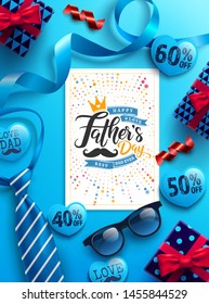 Happy Father's Day with father's postcard and gift box on blue background,blue necktie,glasses and gift box for dad.Promotion and shopping template for Father's Day.Vector illustration EPS10