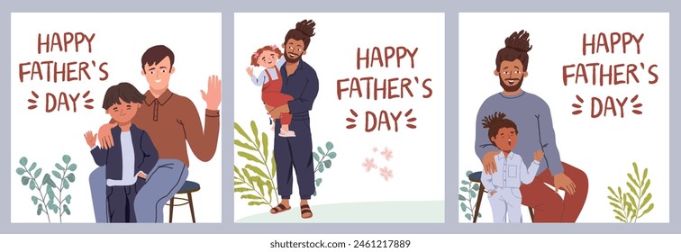 Happy Fathers Day postcard set with musical instruments, guitar, ukulele, mandoline, banjo. Child with dad singing a song. Daughter, son. Hand drawn vector illustration, musical greeting.
