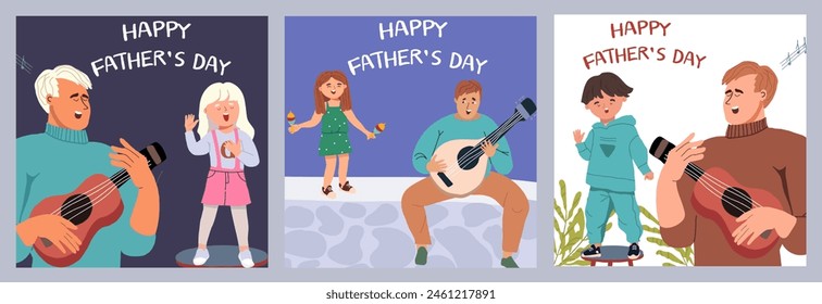 Happy Fathers Day postcard set with musical instruments, guitar, ukulele, mandoline, banjo. Child with dad singing a song. Daughter, son. Hand drawn vector illustration, musical greeting.