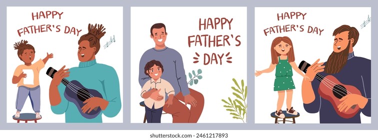 Happy Fathers Day postcard set with musical instruments, guitar, ukulele, mandoline, banjo. Child with dad singing a song. Daughter, son. Hand drawn vector illustration, musical greeting.