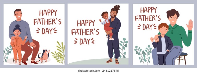 Happy Fathers Day postcard set with musical instruments, guitar, ukulele, mandoline, banjo. Child with dad singing a song. Daughter, son. Hand drawn vector illustration, musical greeting.