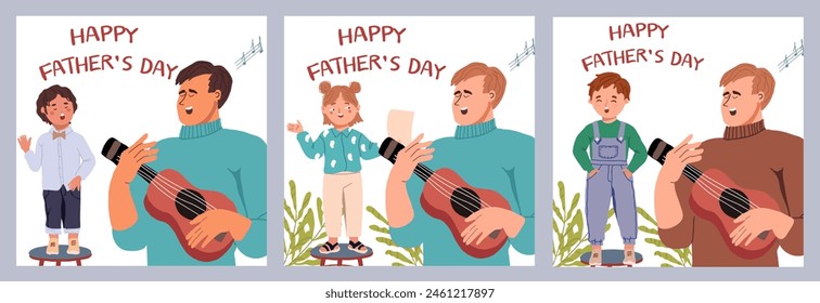 Happy Fathers Day postcard set with musical instruments, guitar, ukulele, mandoline, banjo. Child with dad singing a song. Daughter, son. Hand drawn vector illustration, musical greeting.