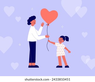 Happy Fathers day postcard. Smiling daughter girl giving heart shaped balloon to her father. Child present gift to parent. Love you dad vector illustration design concept. Father's day greeting card