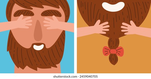 Happy father's day postcard.
Vector illustration. Child's hands on parent's face. Vector illustration. 