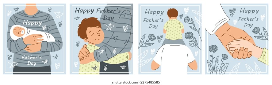 Happy fathers Day postcards set. Man with son and child. Gift and present for international holiday. Good family relationships and love. Cartoon flat vector illustrations isolated on white background
