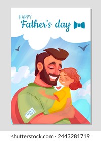 Poster zum Tag der glücklichen Väter. Adorable lächelnder Superheld Dad umarmt seine kleine Tochter. Vater zeigt seinem Kind Liebe. Nette Grußkarte. Cartoon flache Vektor-Illustration isoliert auf Hintergrund