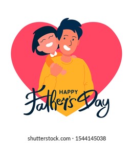 Happy father's day poster background template design. Happy child rides on his dad's shoulder flat vector illustration