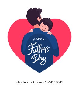 Happy father's day poster background template design. Dad holding his child vector flat illustration with love heart frame and hand lettering typography text on his back