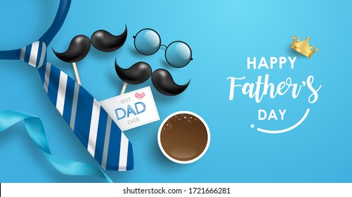 Happy Father's Day poster or banner for Shopping, Speciail event and advertisement. Top view of 3D realistic tie, mustache, circle glasses and elements. Vector illustration.