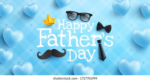 Afiche del Día del Padre Feliz con corbata, gafas y corazón en azul.Saludos y regalos para el Día del Padre con estilo de lecho plano.Promoción y plantilla de compras para el concepto de papá amoroso