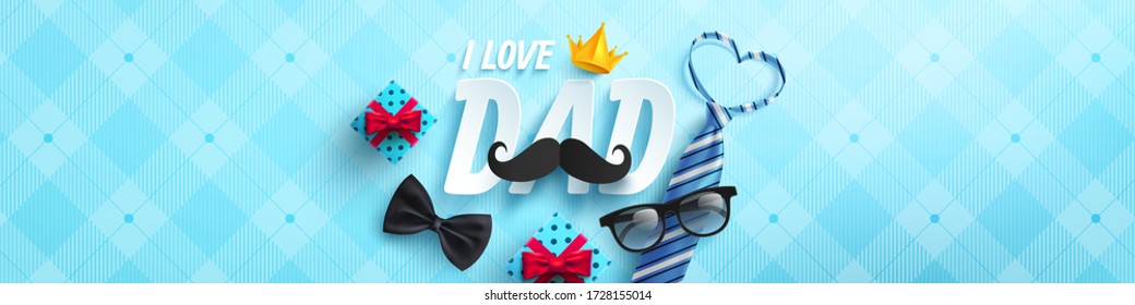 Happy Father's Day poster or banner template with necktie,glasses and gift box on blue.Greetings and presents for Father's Day in flat lay styling.Promotion and shopping template for love dad concept